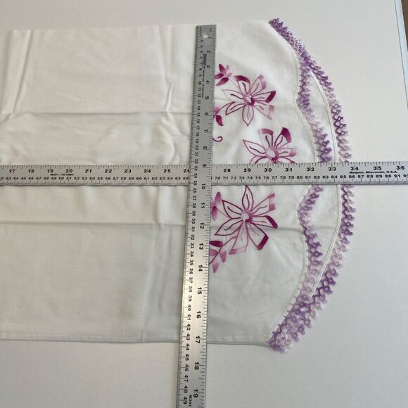 Vintage White Pillowcases With Purple Floral Embroidery & Crochet Trims scallop - Picture 12 of 14